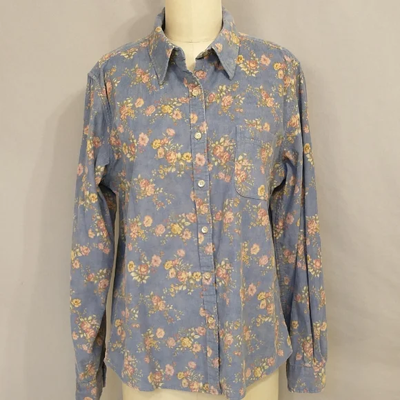 Floral Corduroy Shirt 100% Cotton Fine Wale Periwinkle Blue LL Bean Pink Roses - Picture 1 of 10